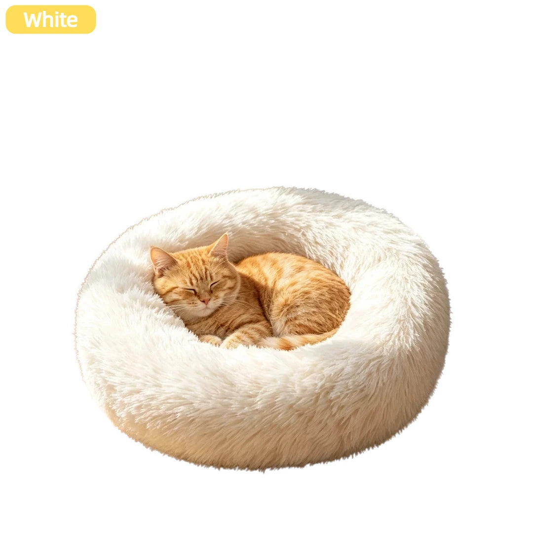 Calming Plush Cat Bed, Round Faux Fur Donut Dog Bed for Deep Sleep, Warm Cozy Pet Cushion for Small Medium Kitten Puppy, S-XL