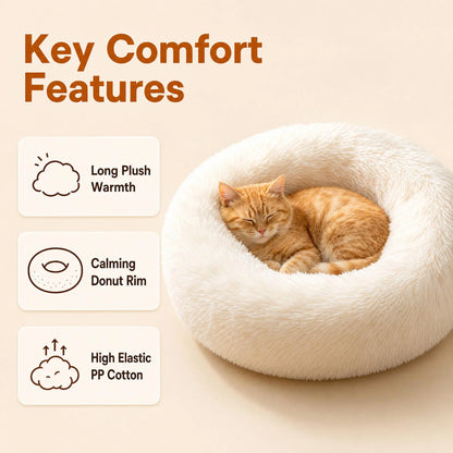 Calming Plush Cat Bed, Round Faux Fur Donut Dog Bed for Deep Sleep, Warm Cozy Pet Cushion for Small Medium Kitten Puppy, S-XL