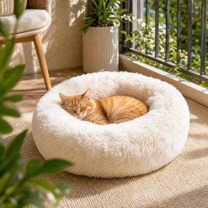 Calming Plush Cat Bed, Round Faux Fur Donut Dog Bed for Deep Sleep, Warm Cozy Pet Cushion for Small Medium Kitten Puppy, S-XL