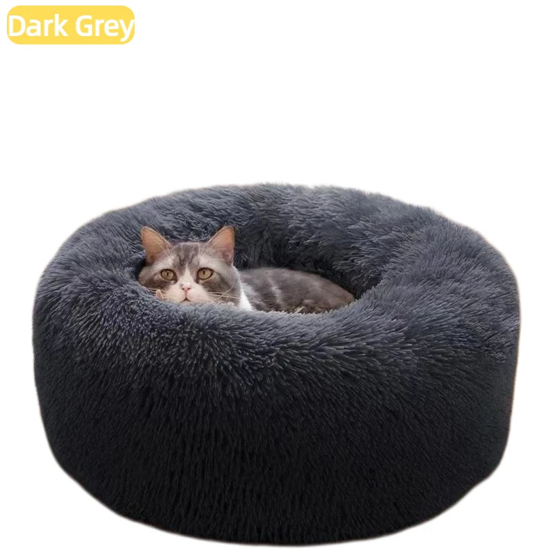 Calming Plush Cat Bed, Round Faux Fur Donut Dog Bed for Deep Sleep, Warm Cozy Pet Cushion for Small Medium Kitten Puppy, S-XL