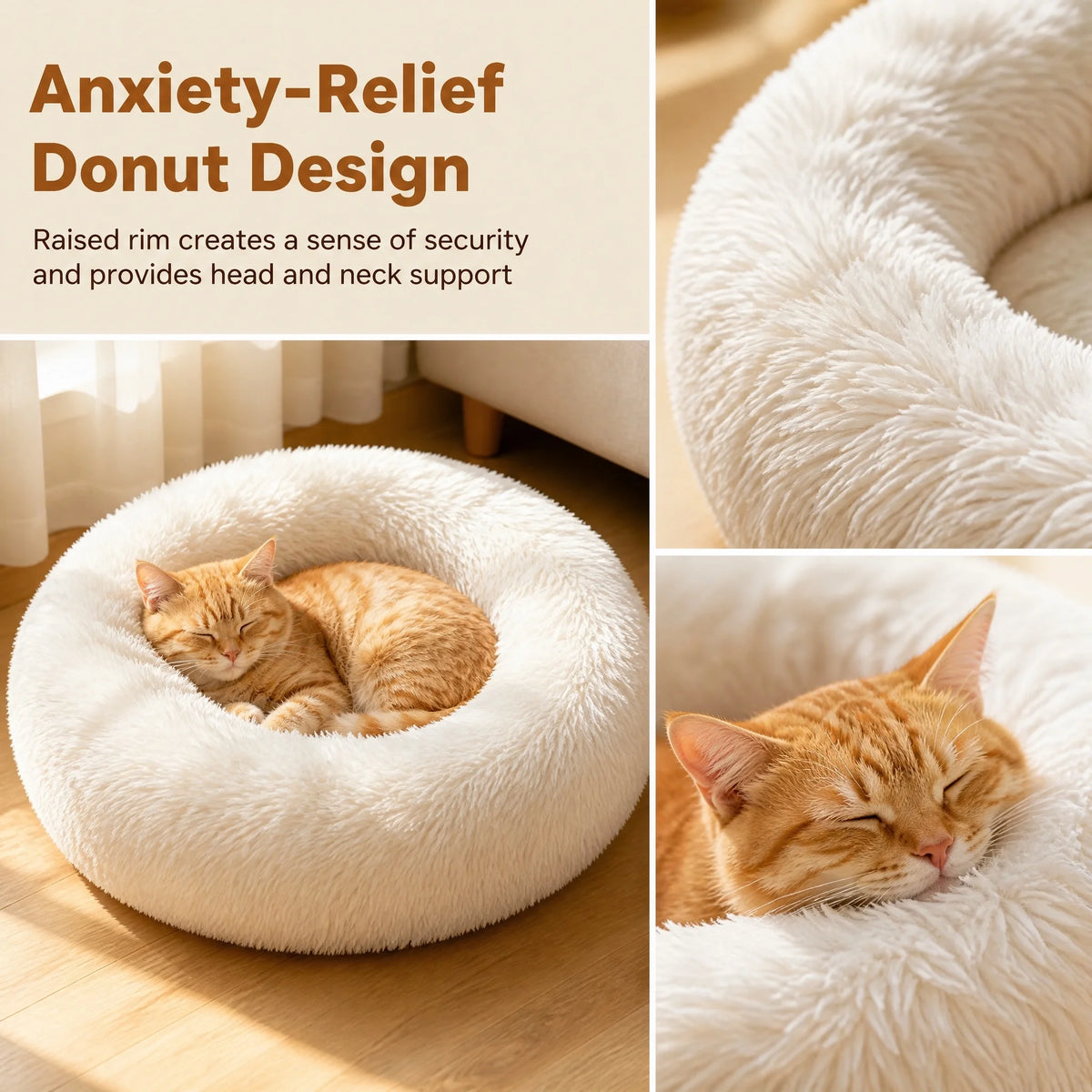 Calming Plush Cat Bed, Round Faux Fur Donut Dog Bed for Deep Sleep, Warm Cozy Pet Cushion for Small Medium Kitten Puppy, S-XL