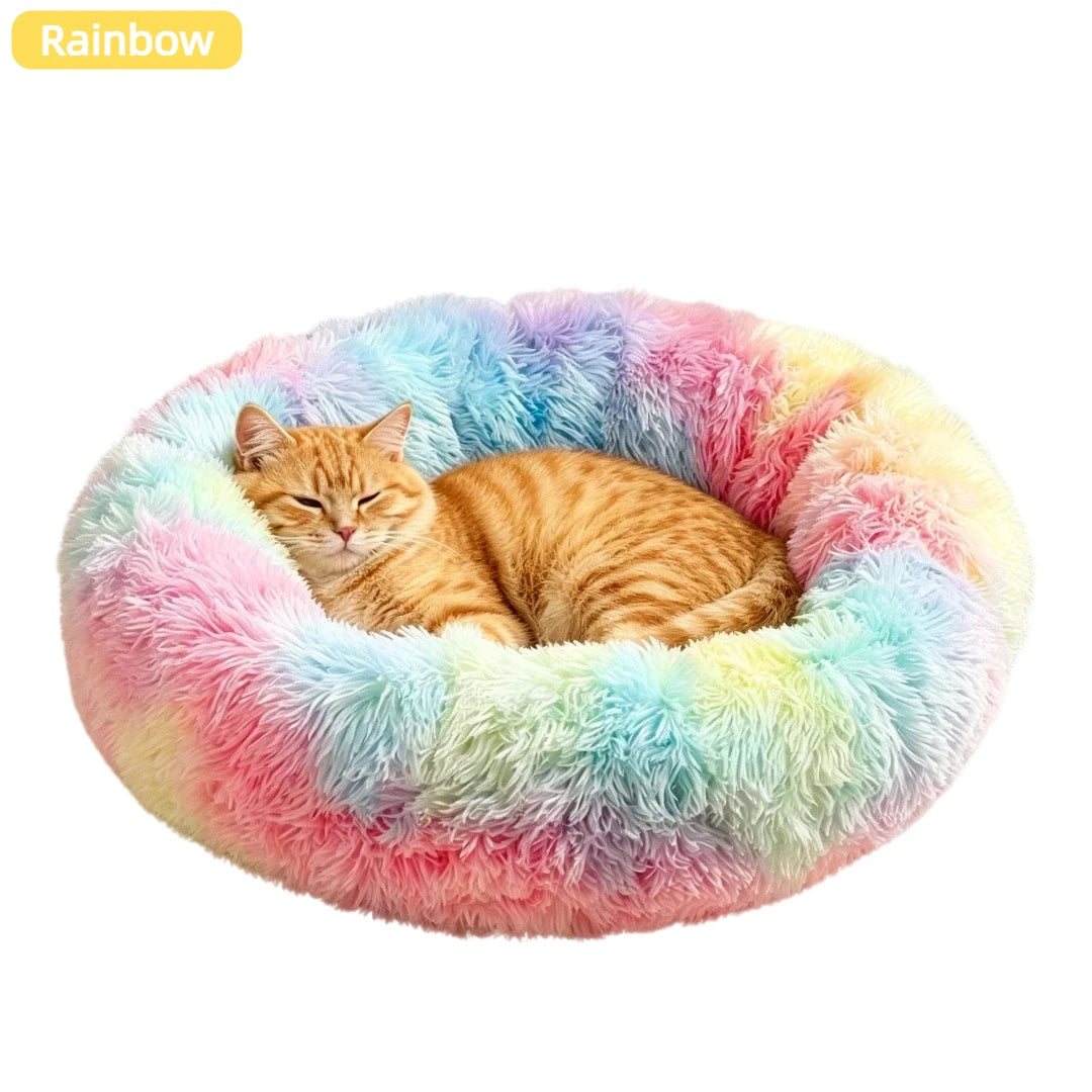 Calming Plush Cat Bed, Round Faux Fur Donut Dog Bed for Deep Sleep, Warm Cozy Pet Cushion for Small Medium Kitten Puppy, S-XL