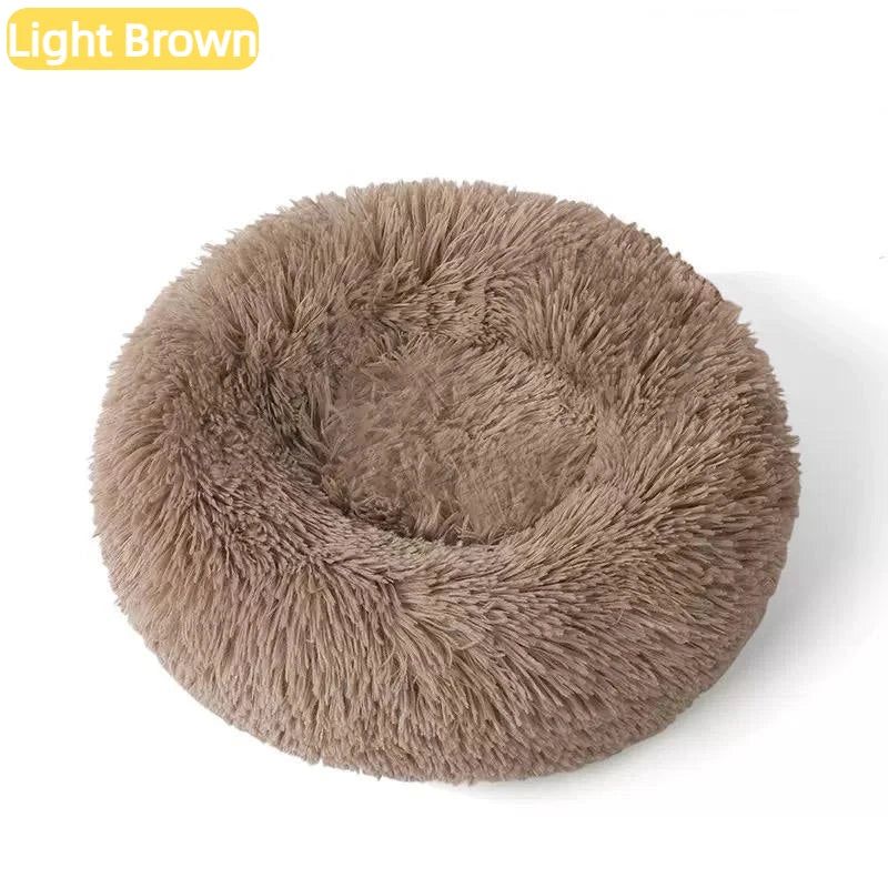 Calming Plush Cat Bed, Round Faux Fur Donut Dog Bed for Deep Sleep, Warm Cozy Pet Cushion for Small Medium Kitten Puppy, S-XL