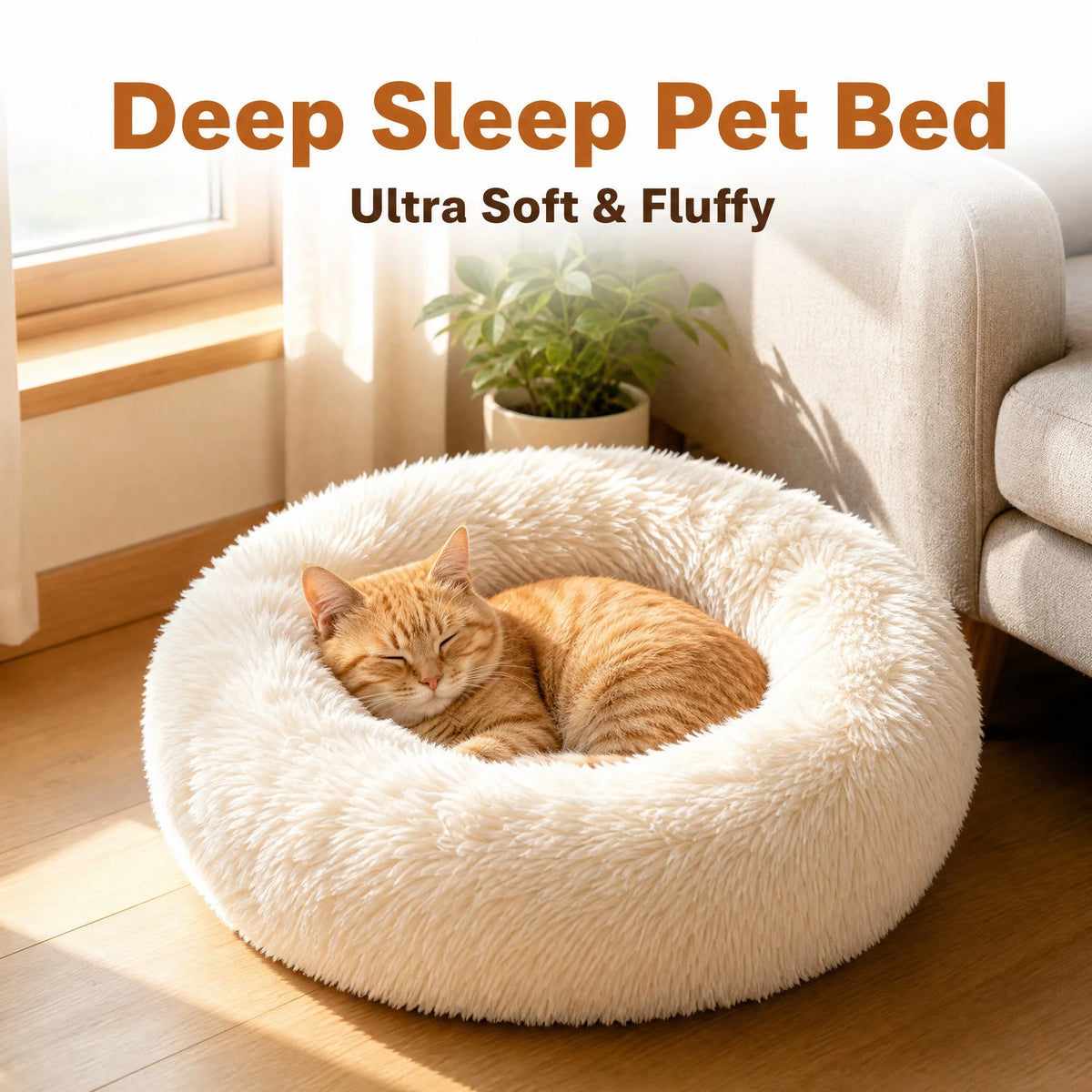 Calming Plush Cat Bed, Round Faux Fur Donut Dog Bed for Deep Sleep, Warm Cozy Pet Cushion for Small Medium Kitten Puppy, S-XL