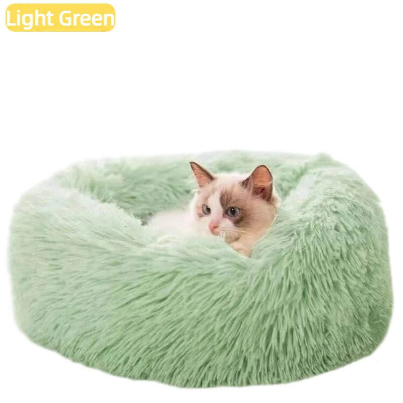 Calming Plush Cat Bed, Round Faux Fur Donut Dog Bed for Deep Sleep, Warm Cozy Pet Cushion for Small Medium Kitten Puppy, S-XL