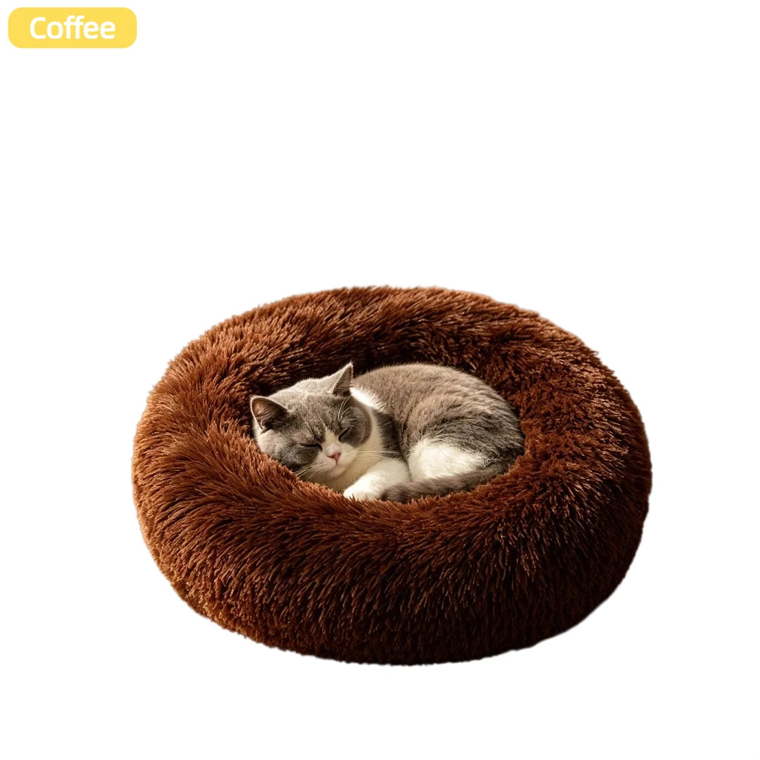 Calming Plush Cat Bed, Round Faux Fur Donut Dog Bed for Deep Sleep, Warm Cozy Pet Cushion for Small Medium Kitten Puppy, S-XL