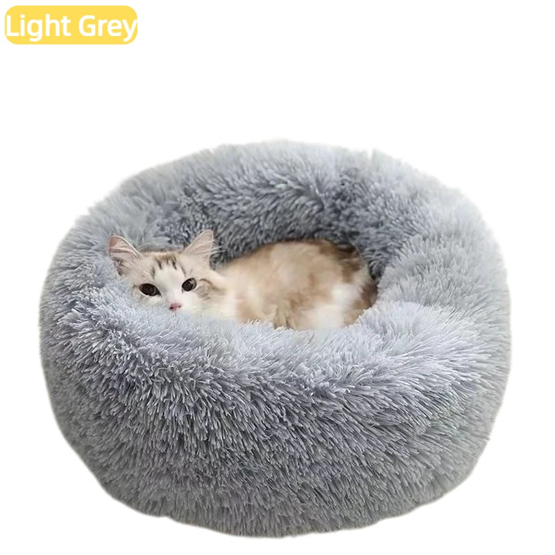 Calming Plush Cat Bed, Round Faux Fur Donut Dog Bed for Deep Sleep, Warm Cozy Pet Cushion for Small Medium Kitten Puppy, S-XL